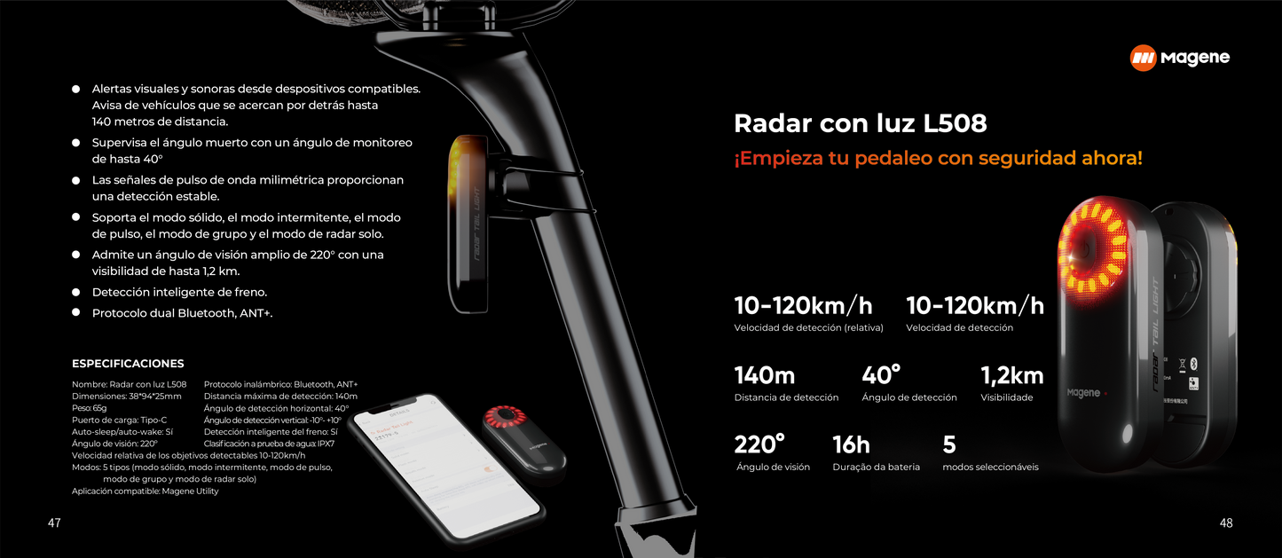 Luz Led Recargable USB trasera de radar L508 Magene